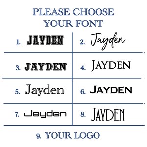 May include: A graphic showing nine different font styles for the name "Jayden". The fonts range from bold and blocky to cursive and script. The last option is "Your Logo".