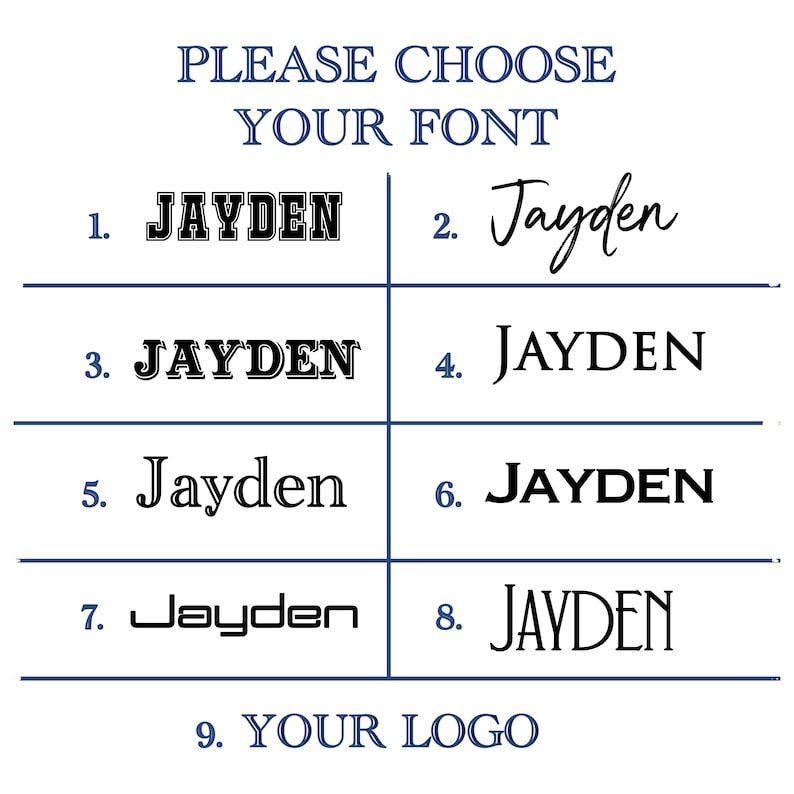 May include: A graphic showing nine different font styles for the name "Jayden". The fonts range from bold and blocky to cursive and script. The last option is "Your Logo".