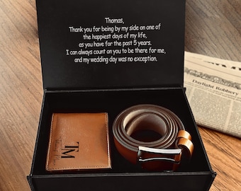 Custom Belt & Personalized Wallet with Engraved Black Wooden Gift Box / Gift Set for Groomsmen, Best Man, Usher / Wedding gift Box