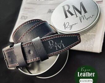 Personalized Vegan Leather Belt with Tin Box - Monogrammed Gift