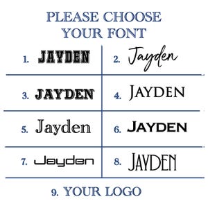 May include: A graphic showing nine different font styles for the name "Jayden". The fonts range from bold and blocky to cursive and script. The last option is "Your Logo".