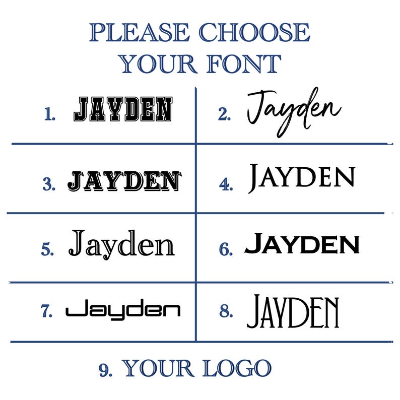 May include: A graphic showing nine different font styles for the name "Jayden". The fonts range from bold and blocky to cursive and script. The last option is "Your Logo".
