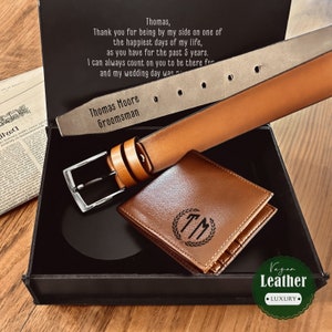 Gepersonaliseerde Vaderdagcadeauset / Aangepaste leren portemonnee en riem in zwarte houten kist / Gegraveerd bericht aan de binnenkant / Elegant cadeau voor papa