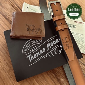 Regalos para padrinos de boda: juego de regalo personalizado para hombres: cinturón, billetera y caja de madera, juego de regalo de boda para él, regalo del día del padre para él
