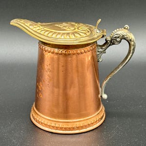 Antique Royal Rochester Copper Syrup Pitcher with brass and silver/nickel accents 4 1/2"H