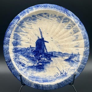 Vintage Delft Style Platter Blue and White Holland Windmill 10 1/2" D Unmarked