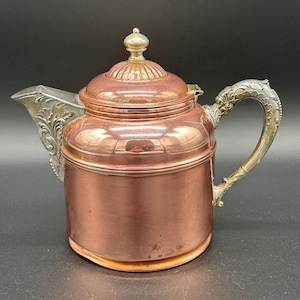 Large Antique Rochester Stamping Copper Tea Pot with brass and silver/nickel accents 7 1/2"H