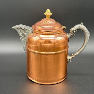 Large Antique Rochester Stamping Copper Tea Pot with Brass and Silver/Nickel accents 9"H