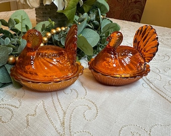 Vintage Indiana Glass Amber Turkey on Nest Candle Set 2, Unique Candle, Thanksgiving, Housewarming Gift, Anniversary Gift,