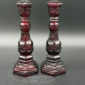 Vintage Avon 1876 Cape Cod Collection,  Ruby Red Tall Candlesticks, Circa 1975, Set of 2, 8 3/4" H
