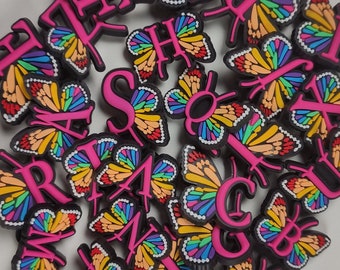 Alphabet Crocs Charms Pins Badges Butterfly Croc Style Charms Rainbow Pink Butterlfy Letters ABC Charms for crocs Cute Gift for Kids