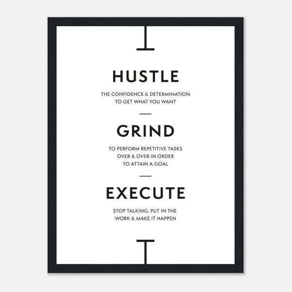 Premium Holzgerahmtes Poster “Hustle, Grind, execute” 40x30cm / 16x12’) Inspiration Wandkunst für Schlafzimmer, Büro, Motivation, Unternehmer