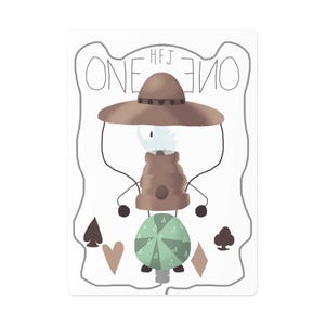 May include: A playing card with a cartoon lamp illustration wearing a hat. The lamp has a brown lampshade and body, a light bulb head, and a green and white base. The word "ONE" is written on the card.