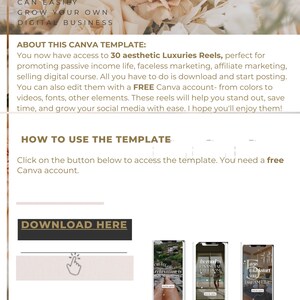 May include: A digital marketing template for creating 30 aesthetic reels for social media. The template includes a free Canva account and instructions on how to use it. The image shows three example reels with text that says "Create relaxation is", "The road to financial freedom", and "5 steps to kickstart your dream life".