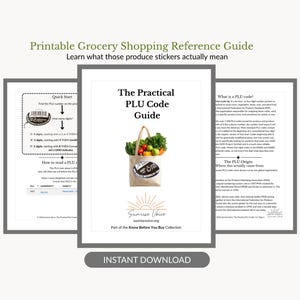 May include: A printable grocery shopping reference guide titled The Practical PLU Code Guide. The document features an illustration of a paper grocery bag filled with fresh produce, text explaining PLU codes, and the Sunrise Voice logo.