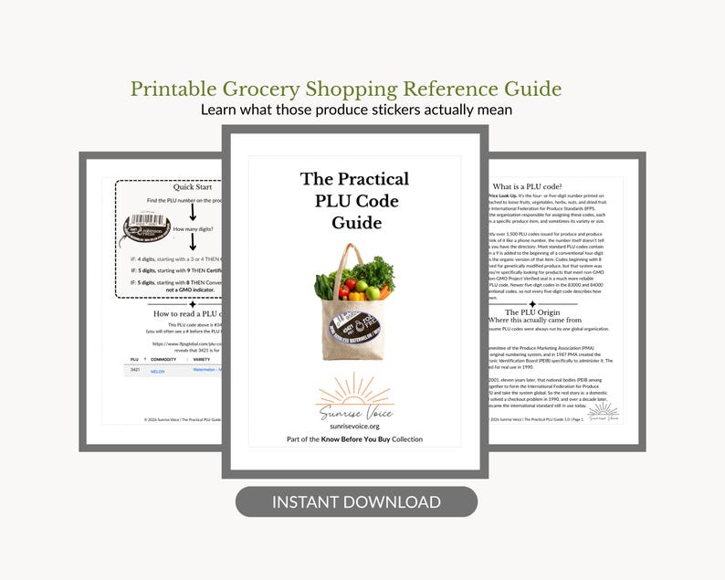 May include: A printable grocery shopping reference guide titled The Practical PLU Code Guide. The document features an illustration of a paper grocery bag filled with fresh produce, text explaining PLU codes, and the Sunrise Voice logo.