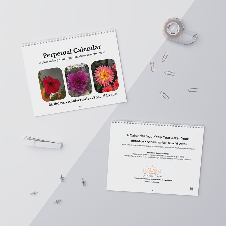 以下が含まれることがあります： Perpetual Calendar、A place to keep your important dates year after year、Birthdays, Anniversaries, Special Eventsというテキスト、3枚の花の写真、テキストが記載された裏面が特徴の、白いスパイラル綴じの万年カレンダー。