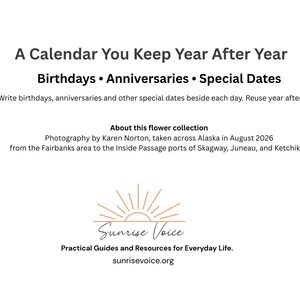 Może przedstawiać: Biała strona informacyjna zatytułowana A Calendar You Keep Year After Year na urodziny, rocznice i daty specjalne. Zawiera tekst o kolekcji kwiat&oacute;w autorstwa Karen Norton na Alasce oraz logo Sunrise Voice wraz z adresem strony sunrisevoice.org.