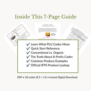 May include: A 7-page digital guide titled Inside This 7-Page Guide, featuring sections on PLU codes, quick start references, conventional versus organic produce, 8-prefix codes, and IFPS lookup. The document is formatted as a PDF in 8.5 x 11 inches.