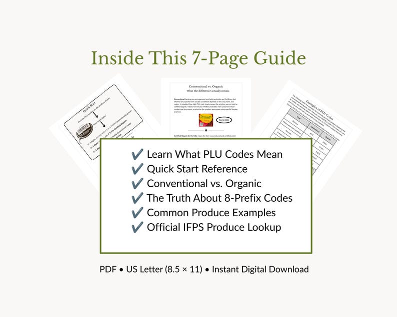 May include: A 7-page digital guide titled Inside This 7-Page Guide, featuring sections on PLU codes, quick start references, conventional versus organic produce, 8-prefix codes, and IFPS lookup. The document is formatted as a PDF in 8.5 x 11 inches.