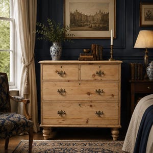 May include: A natural wood chest of drawers with four drawers and brass handles. The chest is in a room with dark blue walls, a patterned rug, and a framed print. A vase with foliage sits on top.
