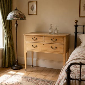 May include: A light-toned wooden chest of drawers with four drawers, featuring dark metal handles and small casters on the legs. The piece is positioned between a stained-glass floor lamp and a metal bed frame with floral bedding in a room.