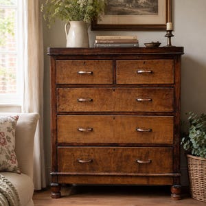 May include: A tall, dark brown wooden chest of drawers featuring five drawers in total, with two smaller drawers at the top and three full-width drawers below. Each drawer is equipped with simple, horizontal metal pull handles and keyholes.