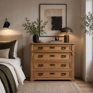 May include: A bedroom scene with a wooden chest of drawers, featuring four drawers and dark metal handles. A bed with a neutral headboard and dark green cushions is visible. A framed artwork and a lamp sit on the chest, enhancing the room's decor.