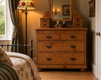 Antique Victorian pine dressing table | chest of drawers with mirror | dresser | vanity cabinet