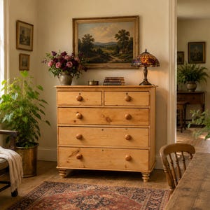 May include: A light-coloured wooden chest of drawers featuring two small top drawers and three full-width lower drawers, each fitted with round wooden knobs. The piece stands on four turned feet and displays a natural wood grain finish throughout.