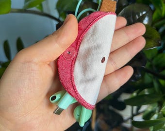 A Slice of Red Apple Earphone Holder | Handmade Cotton Cord Organizer | Cute Fruit Cable Keeper | Apple Shaped Small Gift | Fabric item