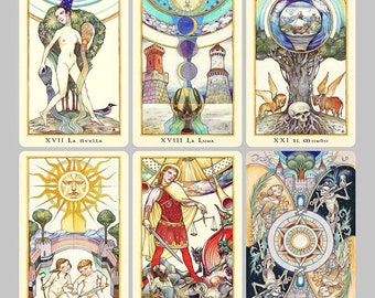 May include: A set of six tarot cards with colorful illustrations and gold accents. The cards depict scenes from the Major Arcana, including The Star, The Moon, The World, The Sun, Judgement, and The Fool. The cards are printed in Italian with the names of the cards in both Italian and English.