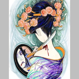 Reflexión - Arte del Tarot - Ilustración original de la carta del Oráculo de Lenormand, arte simbólico estilo manga