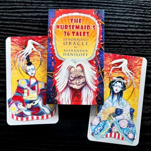 May include: A deck of The Nursemaid's 36 Tales Lenormand Oracle cards by Alexander Daniloff. The box features a central illustration of a white-haired figure, flanked by two cards depicting stylized figures in traditional attire with long fingers.