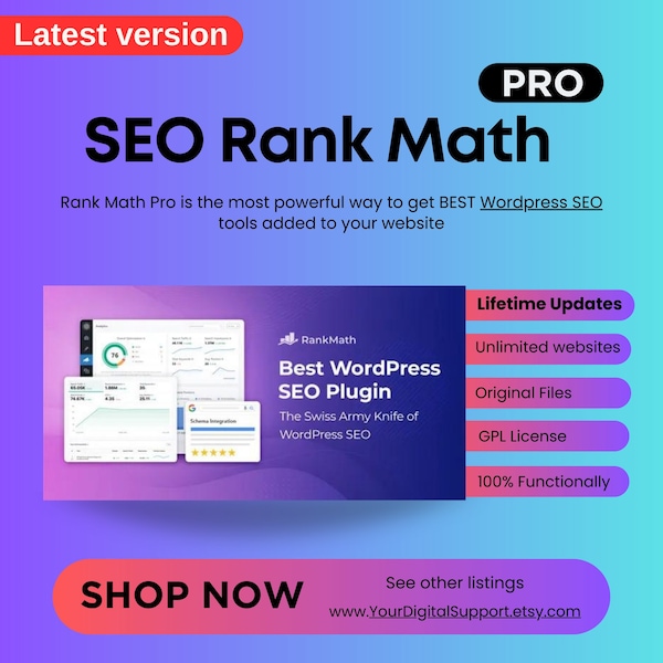 Plugin SEO Rank Math Pro per WordPress / Aggiornamenti a vita / Miglior plugin SEO WordPress / GPL / Ultima versione / RankMath Pro