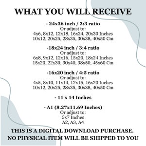 May include: A digital download purchase guide for printable wall art. The guide lists different sizes and aspect ratios for the art, including 24x36 inches, 18x24 inches, 16x20 inches, and 11x14 inches. The text also includes the dimensions in centimeters.