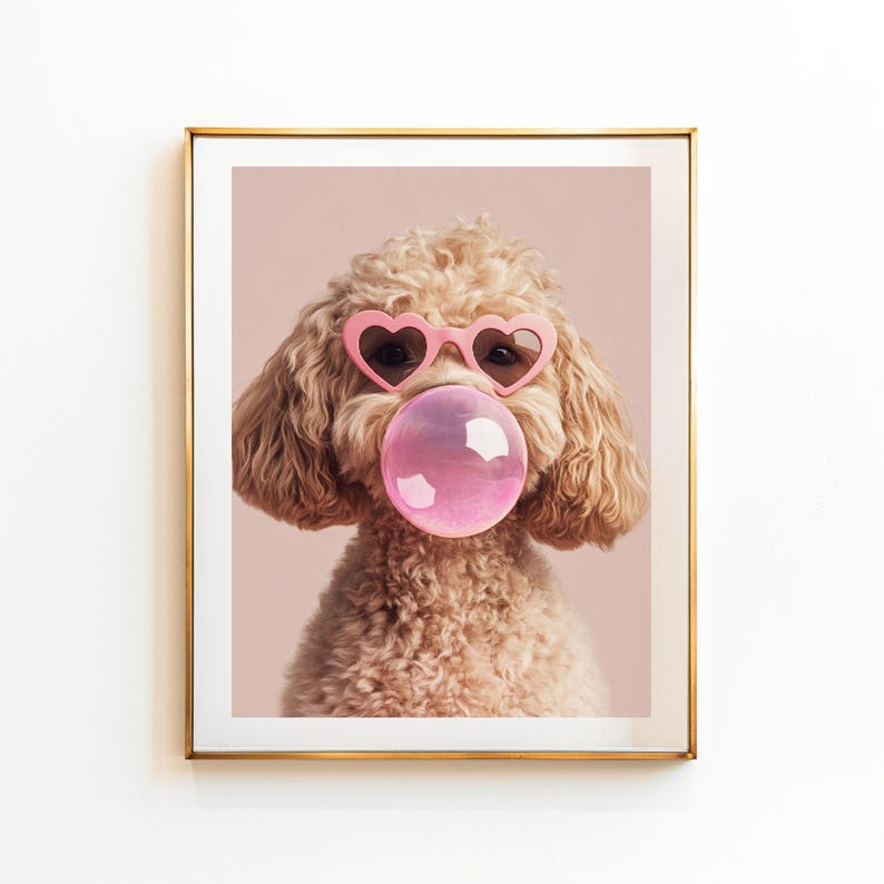 May include: A light brown poodle wearing pink heart-shaped sunglasses and blowing a pink bubble. The dog is looking directly at the camera.
