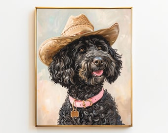 May include: A black poodle wearing a brown cowboy hat with a pink collar and a metal tag. The dog is looking to the right of the image. The background is a light brown with a light blue and pink watercolor effect.
