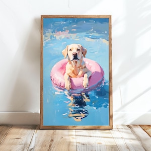 May include: A yellow Labrador Retriever dog wearing a pink inflatable ring floats in a blue pool. The dog is looking directly at the viewer.