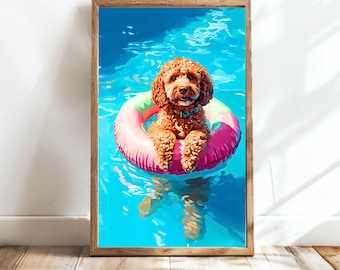 以下が含まれることがあります： 青い首輪をした茶色の犬が、ピンクと緑の浮き輪に乗ってプールに浮かんでいます。