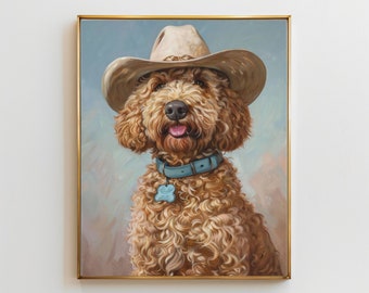 May include: A painting of a brown and white dog wearing a cowboy hat. The dog is looking directly at the viewer with a happy expression. The dog is wearing a blue collar with a tag.