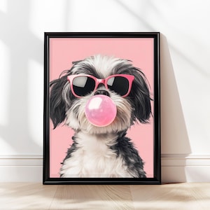 Shih Tzu Wall Art  Black and White Shih Tzu  Funny Pet Portrait  Shih Tzu  Preppy Dog Wall Art  Digital Art Prints  Shih Tzu Gift  Wall Art
