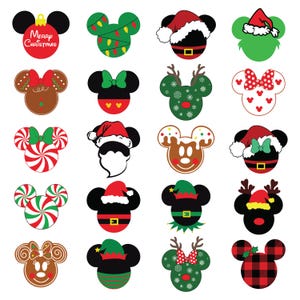 May include: A collection of festive Mickey Mouse head designs for Christmas. The designs include a Christmas ornament, lights, Santa hats, reindeer antlers, gingerbread, and candy canes. The color palette includes red, green, black, and white.
