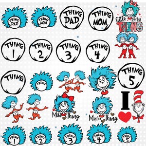 Puede incluir: Colección de gráficos inspirados en Dr. Seuss, con los personajes "Thing 1" a "Thing 5". Incluye diseños de "Thing Dad", "Thing Mom", "Miss Thing" y "Mister Thing", un corazón rojo y el Gato en el Sombrero.