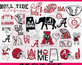 May include: A collection of Alabama-themed SVG graphics in red, white, and black. Designs include the word "Alabama", footballs, elephant logos, and phrases like "Roll Tide" and "Crimson Tide". The bundle also includes a football helmet and the text "#1".