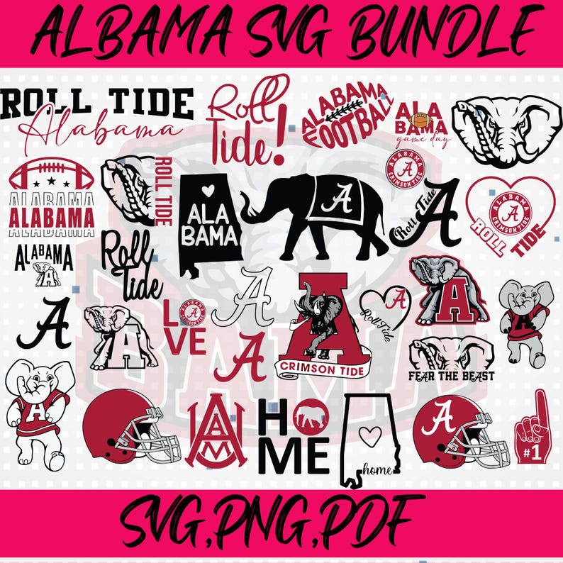 Pu&ograve; includere: Una collezione di grafiche SVG a tema Alabama in rosso, bianco e nero. I disegni includono la parola "Alabama", palloni da football, loghi di elefanti e frasi come "Roll Tide" e "Crimson Tide". Il pacchetto include anche un casco da football e il testo "#1".