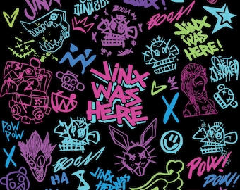 May include: Black background with graffiti-style illustrations in neon colors. The design includes the word "Jinx" in various styles, along with phrases like "Get Jinxed" and "Jinx Was Here." Cartoonish faces and symbols complete the design.