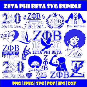 May include: A blue SVG bundle with Zeta Phi Beta designs. The image includes doves, heels, and the Greek letters ZΦB. Text reads "ZETA PHI BETA SVG BUNDLE". File formats include PNG, JPEG, SVG, PDF, EPS, and DXF. The designs are in blue.