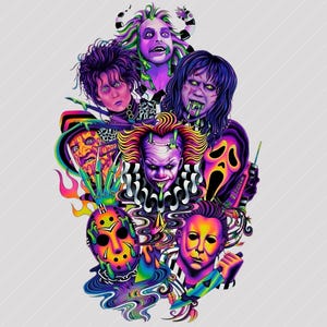 May include: A colourful illustration featuring a collage of horror movie characters. The image includes Beetlejuice, Freddy Krueger, Pennywise, Jason Voorhees, Michael Myers, and others, with a psychedelic design.