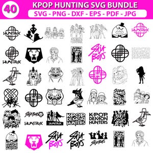 May include: A digital graphic bundle featuring 40 K-Pop themed SVG files. The designs include illustrations of characters, logos, and text. The text includes "KPOP HUNTING SVG BUNDLE" and "SAJA BOYS". The color scheme is black and white with pink accents.